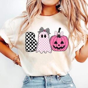 Halloween T-shirt checkered pumpkin BOO